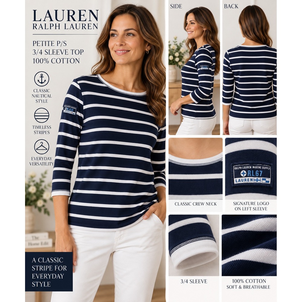 Lauren Ralph Lauren Women Navy Blue & White Striped Blouse Shirt Half Sleeve PS
